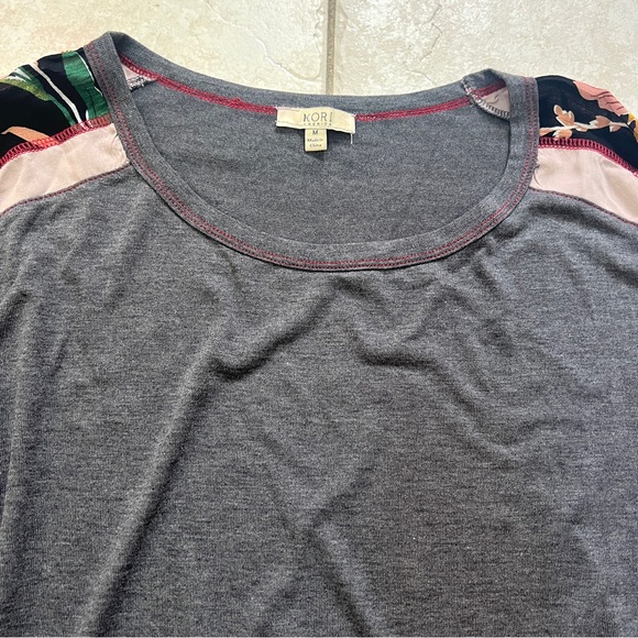 Kori America Long Sleeve Grey Top w/ Patterned Sleeves - Picture 4 of 11